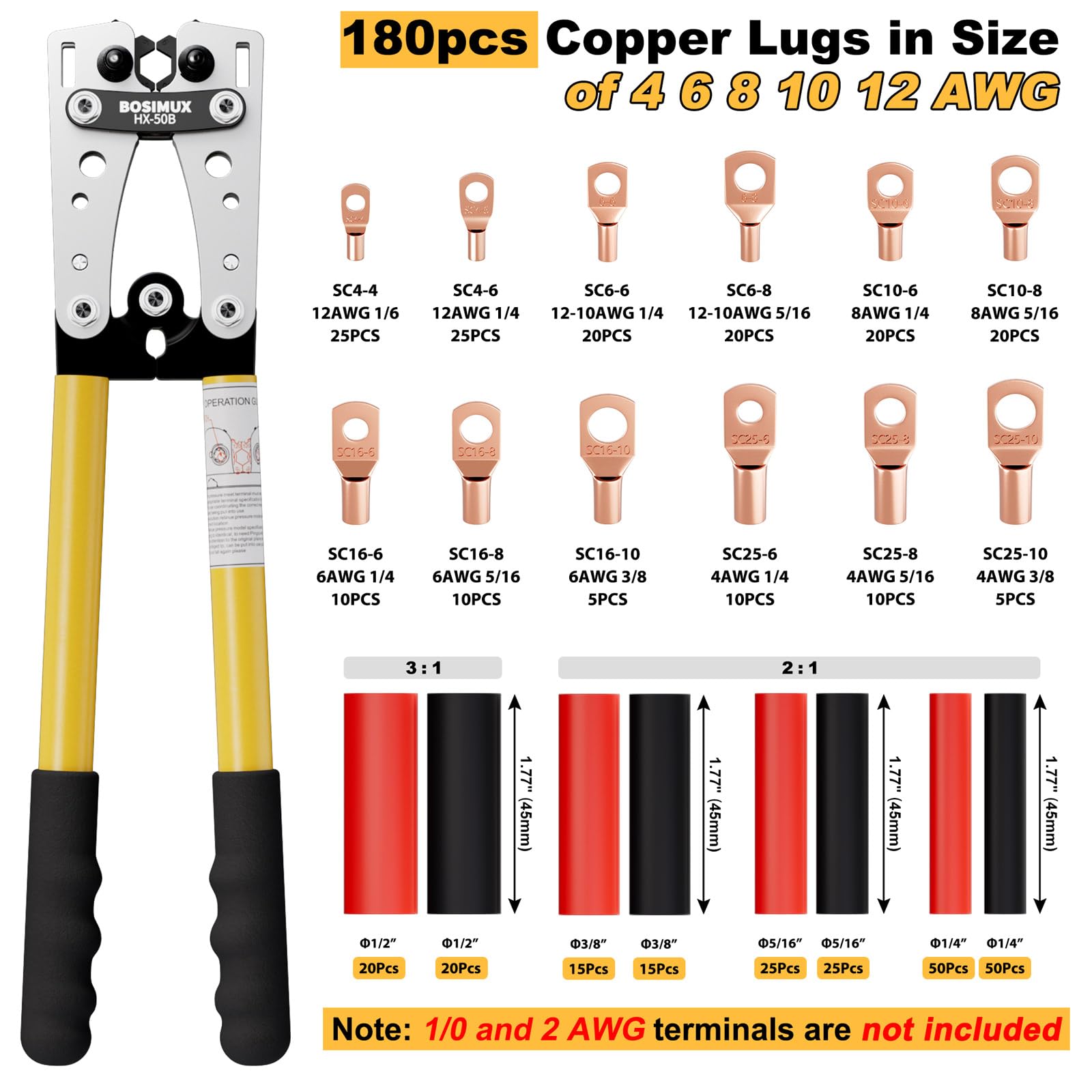 Herramienta de crimpado de terminales de cable de batería con 180 lengüetas de alambre de cobre, herramienta de crimpado de alambre para crimpadora eléctrica AWG 10-1/0 con cortador de cable, 220