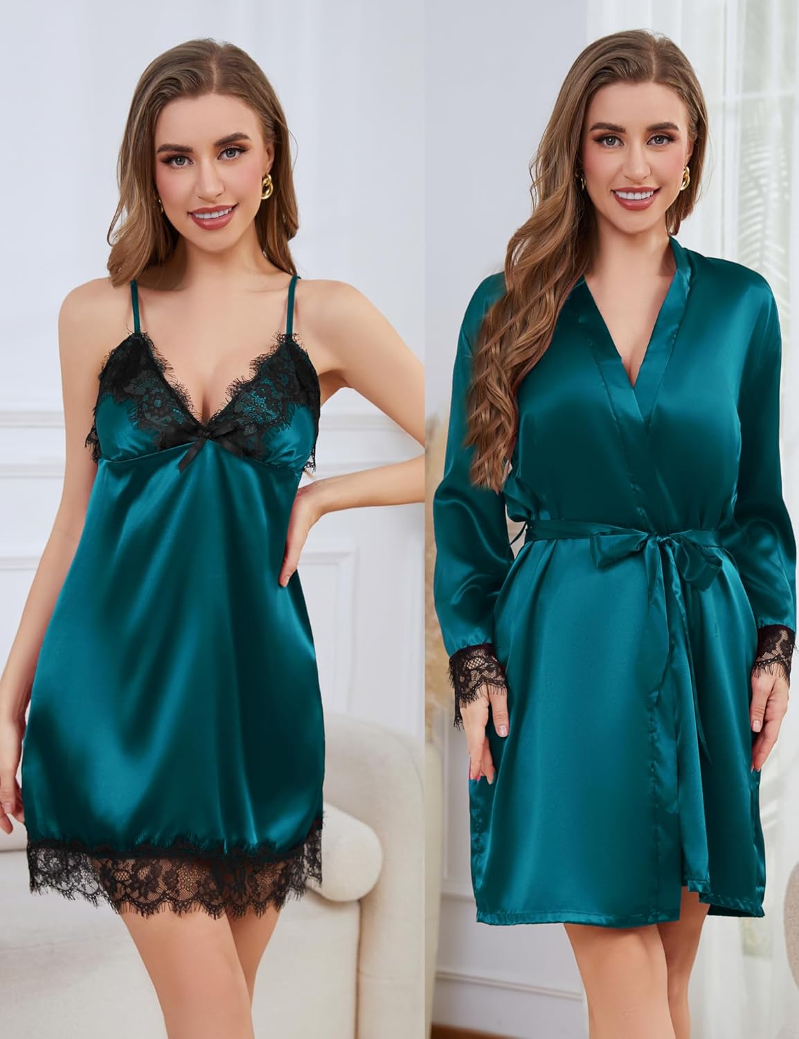 Womens Silk Lingerie Robe Nightgown 2 Piece Pajamas Set Sexy Lace V Neck Cami Satin Sleepwear - Image 2