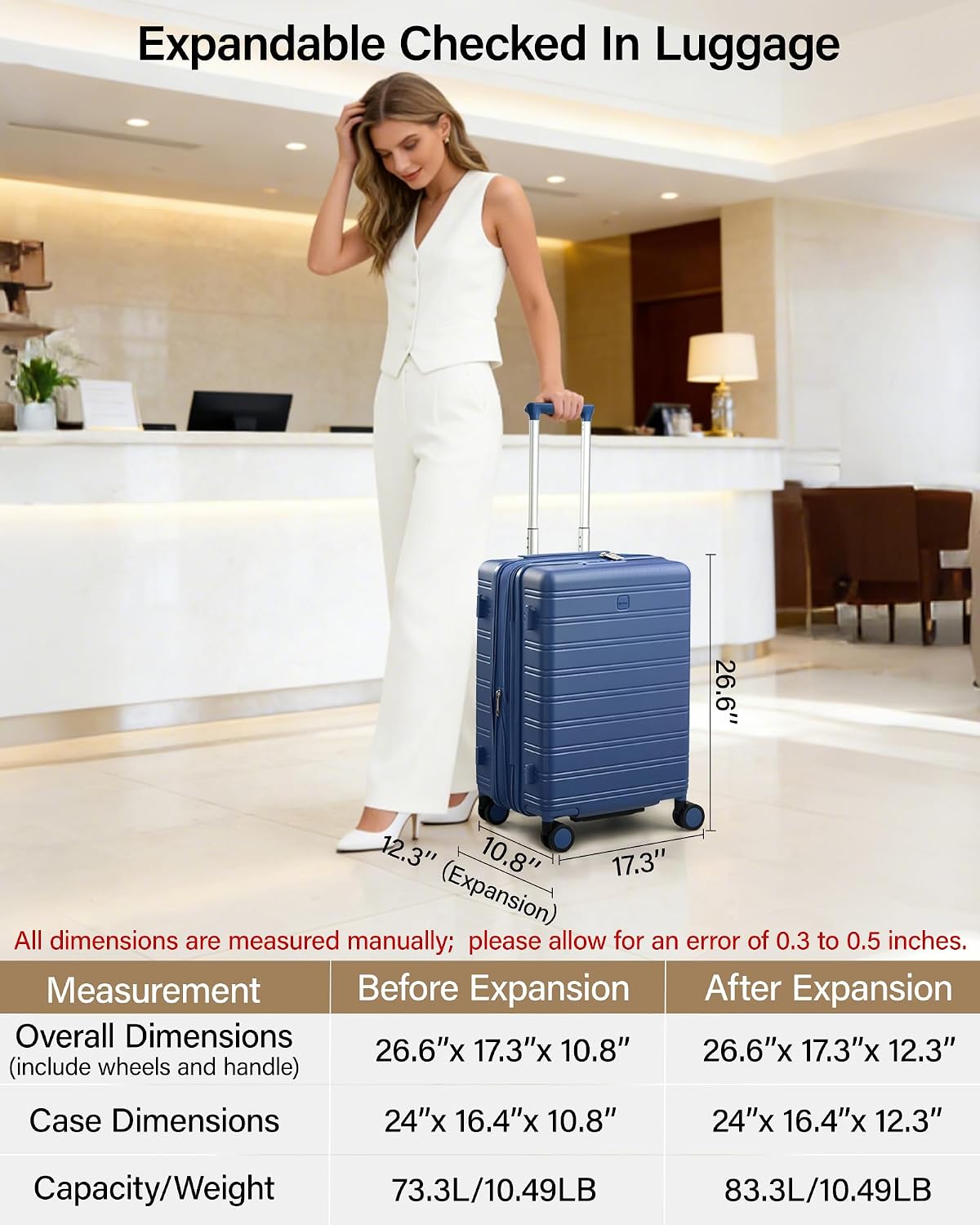 MILADA 24 Inch Expandable Hardside Checked Luggage with Dual 360° Spinner Wheels, Medium Travel Suitcase with TSA Lock, Airline-Approved, Lightweight Durable PC Shell for Travel, Interstellar Blue