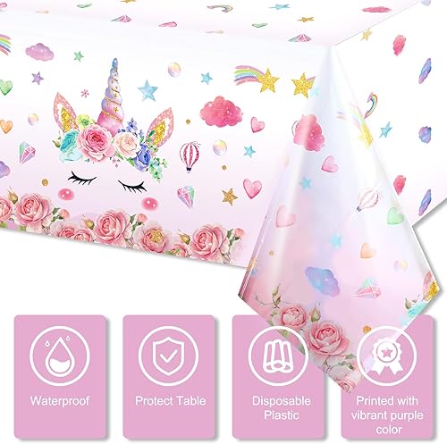 Miniatura 3 de Mantel de unicornio de 3 piezas con temática de unicornio, mantel desechable de plástico mágico de unicornio para cumpleaños, baby shower,
