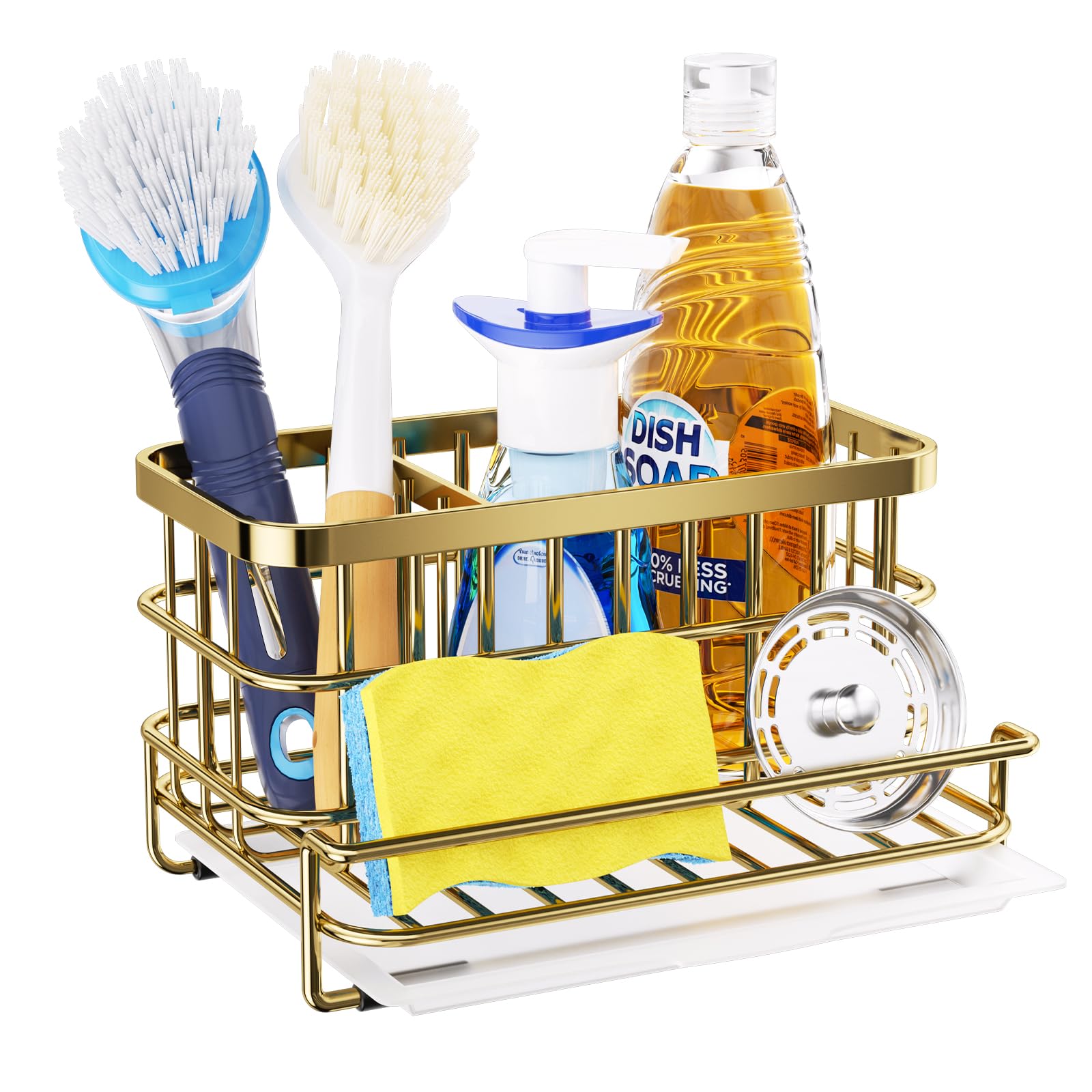 HapiRm Multifunctional Kitchen Sink Organizer with Removable Drain Tray, Quick Draining Rustproof Sink Caddy, Stainless Steel Sink Sponge Holder for Holds Sponge, Cleaning Towel and Scrubber-Golden