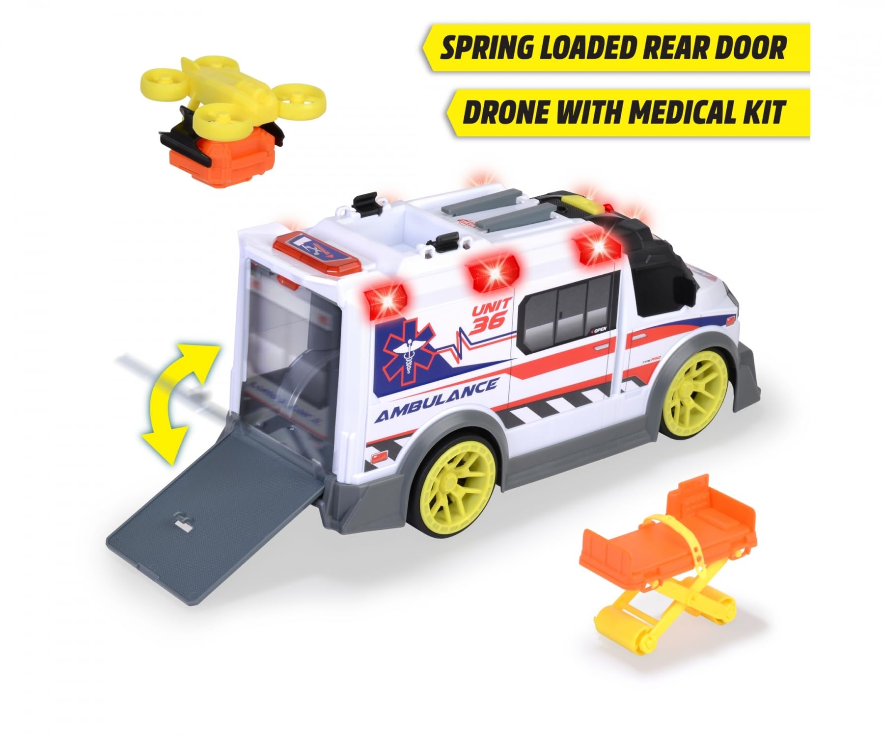 Dickie 203307003, ambulans, światło i dźwięk, ruchome elementy, 35,5 cm