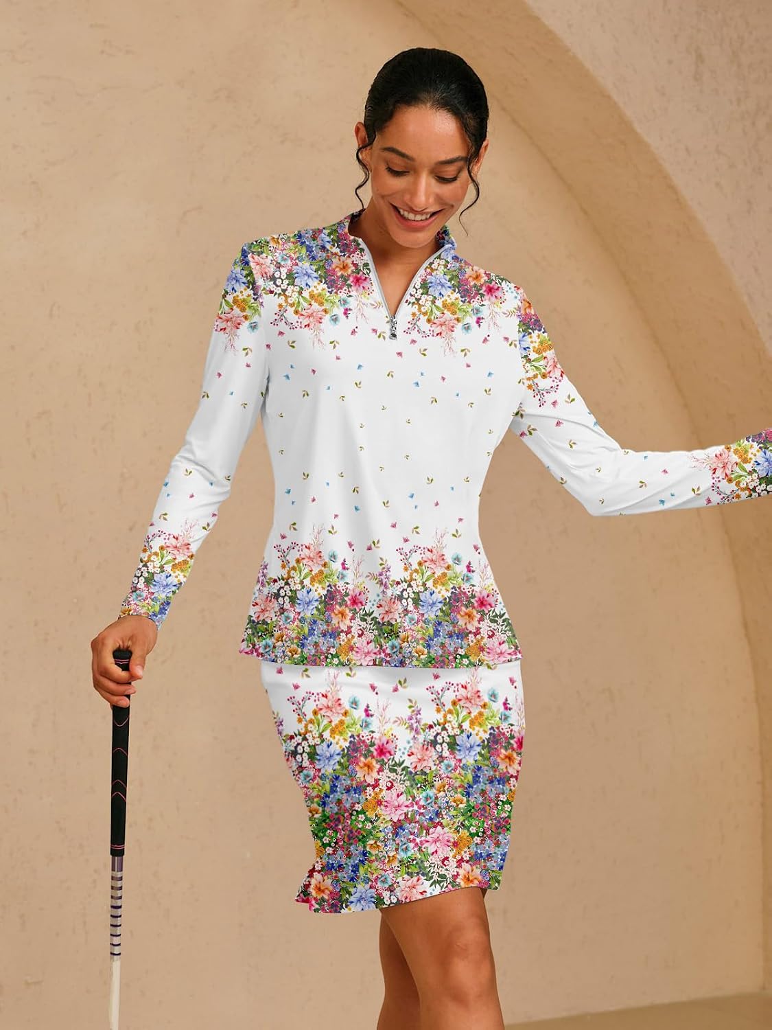 Womens Golf Polo Shirts Long Sleeve Quarter Zip Pullover Shirt for Women Ladies Printed Athletic Tops with Ruffled Hem