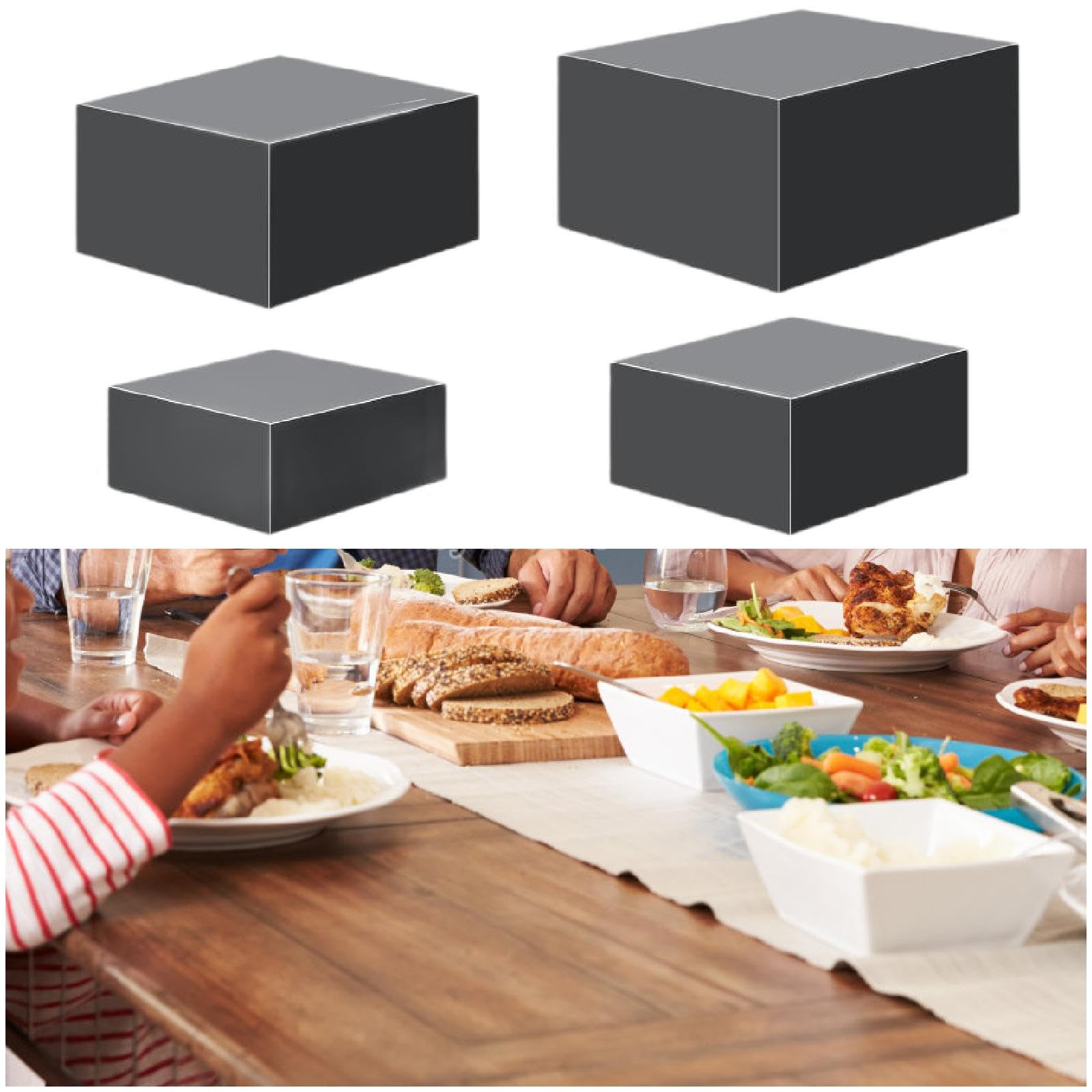 4 cajas de exhibición de cubos acrílicos, soporte elevador de alimentos, buffet, anidación para postre, soporte elevador acrílico negro