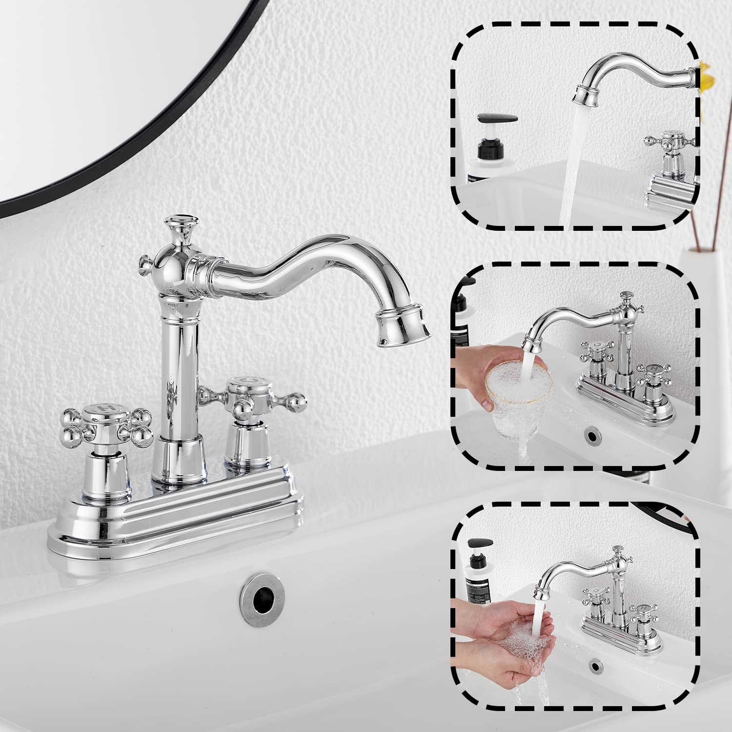 Chromowany kran łazienkowy GGStudy 2 uchwyty 10 cm centralny RV łazienka bateria umywalkowa z montażem odpływowym i wężem zasilającym bateria toaletowa bateria mieszacz podwójny uchwyt kran
