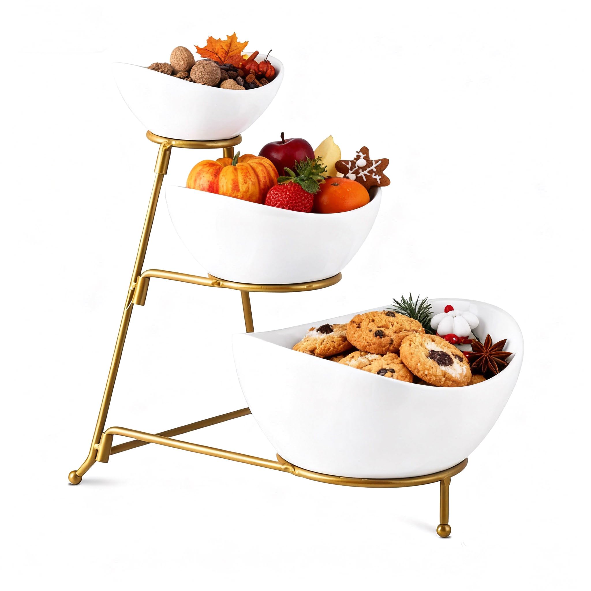 Gomakren 3 Tiered Oval Serving Bowl with Collapsible Metal Rack, Chip and Dip Serving Set, Dessert Appetizer Bowl Set (45oz / 17.5oz / 7oz), White