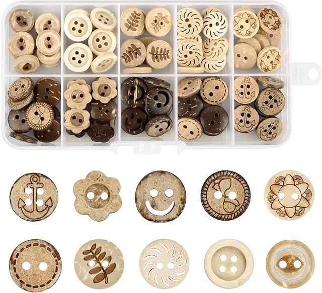 smatime 100 Pcs Wooden Sewing Buttons Craft Wood Buttons Handmade Round Shape Button Natural Coconut Buttons with Storage Box for DIY Baby Cardigans Knitting Clothes Hats Scrapbook Decorations, 13mm