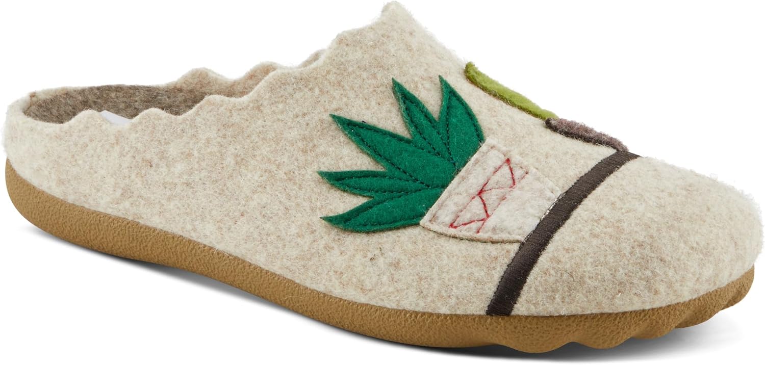 Flexus Women's HAPPYCACTUS Wool Felt Slides with Cactus Embroidery, Removable Insoles, and Rubber Outsole