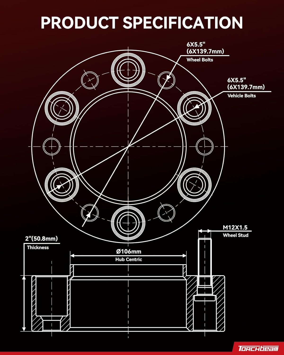 Torchbeam 6x5.5 2 inch Hub Centric Wheel Spacers for Tacoma, 4Runner, FJ Cruiser, Tundra, Colorado, GX460, Sequoia, GX470, T100, Pickup, Land Cruiser, LX450, 106mm Center Bore & M12x1.5 Studs