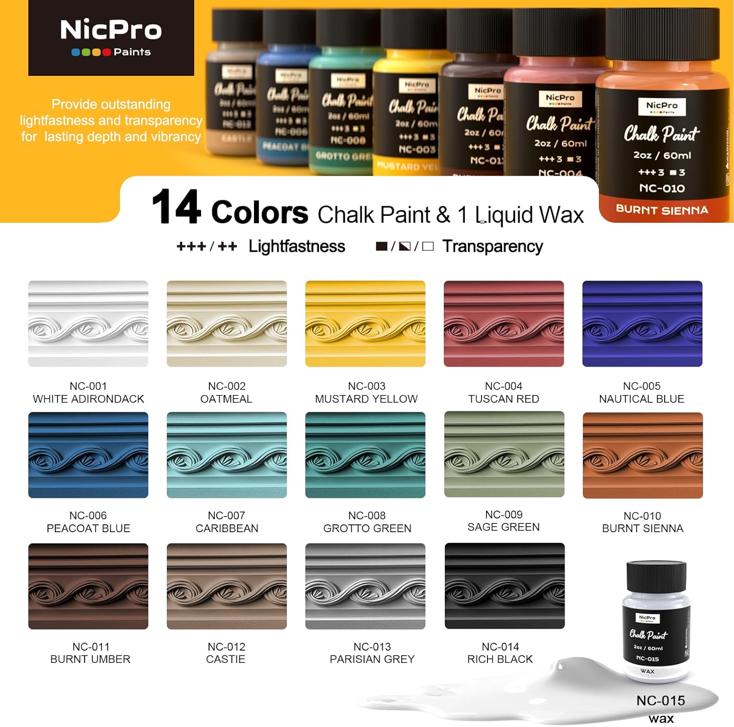 Nicpro 14 Colors Chalk Paint for Furniture and Gloss Varnish for Acrylic Painting