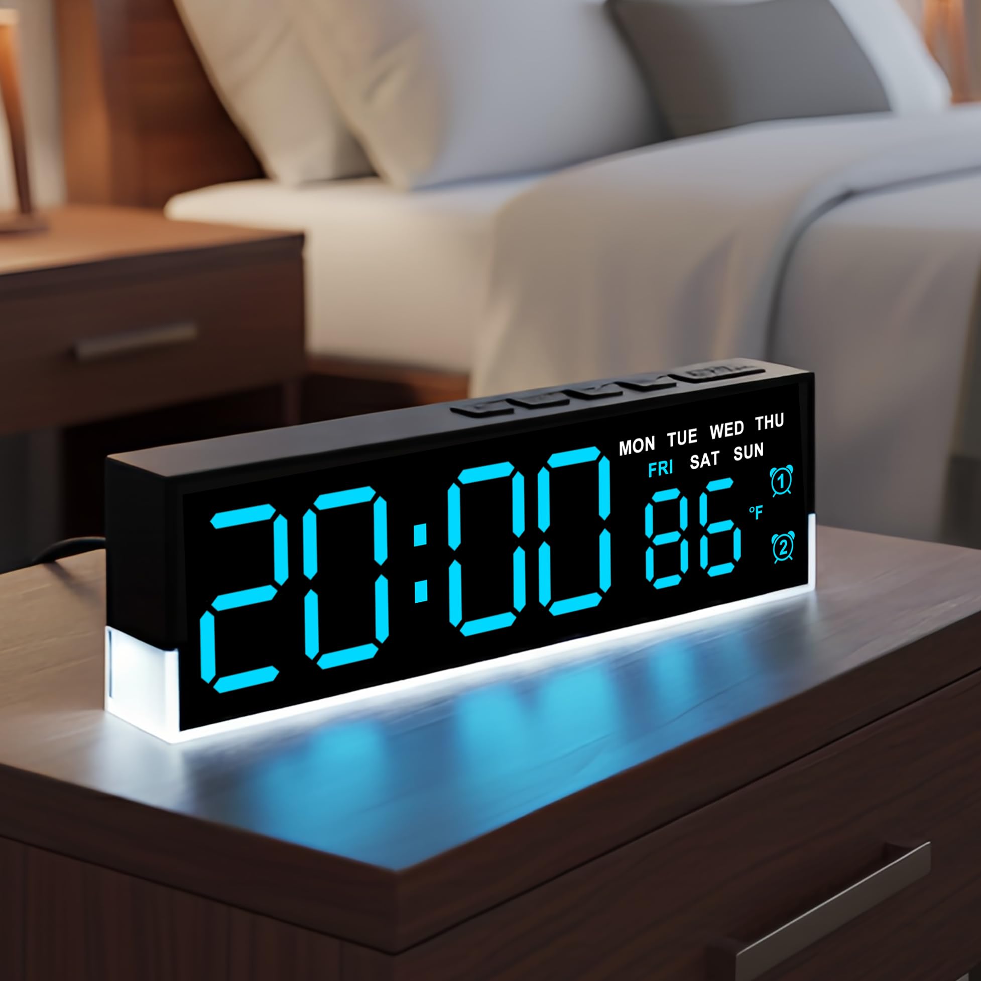 JENLYSTIME 7 Inch LED Digital Alarm Clock with Dual Alarms Bottom Glow Displays Time Date Day Temperature 3-Level