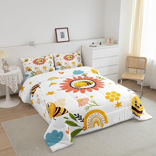 Miniatura 10 de Erosebridal Juego de edredón de abeja amarilla, tamaño King, juego de edredón de abeja de abeja de dibujos animados Kawaii para niños y niñas, juego