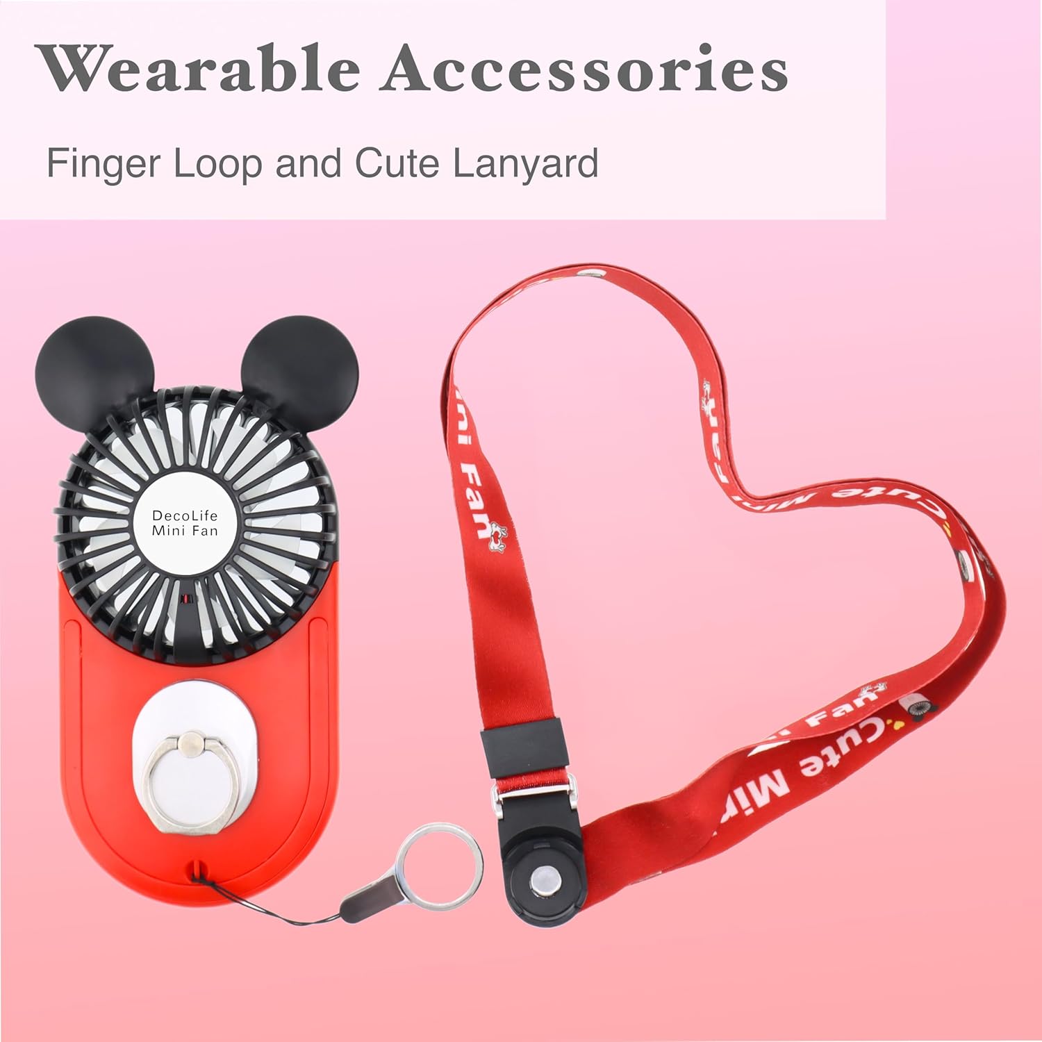 DecoLife Mini USB Fan with an attached lanyard, ready for hands-free carrying.