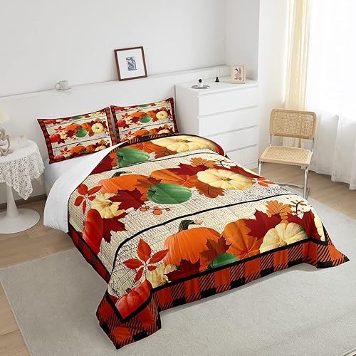 Miniatura 4 de Juego de ropa de cama de calabaza, juego de edredón geométrico a cuadros para niños y niñas, decoración de festival de calabaza de otoño, juego de