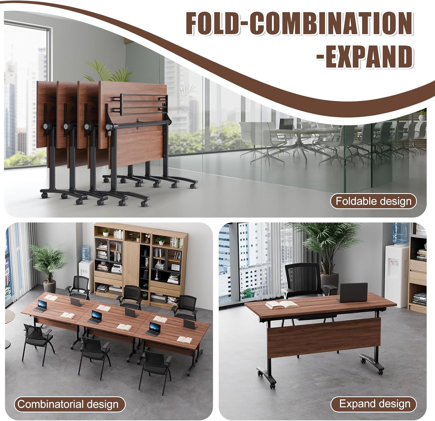 Conference Table, Folding Conference Room Tables, Modular Foldable Conference Table Stackable Flip Top Training Meeting Table with Wheels, Modern Seminar Meeting Room Table (4, Walnut 2, 70.8in)