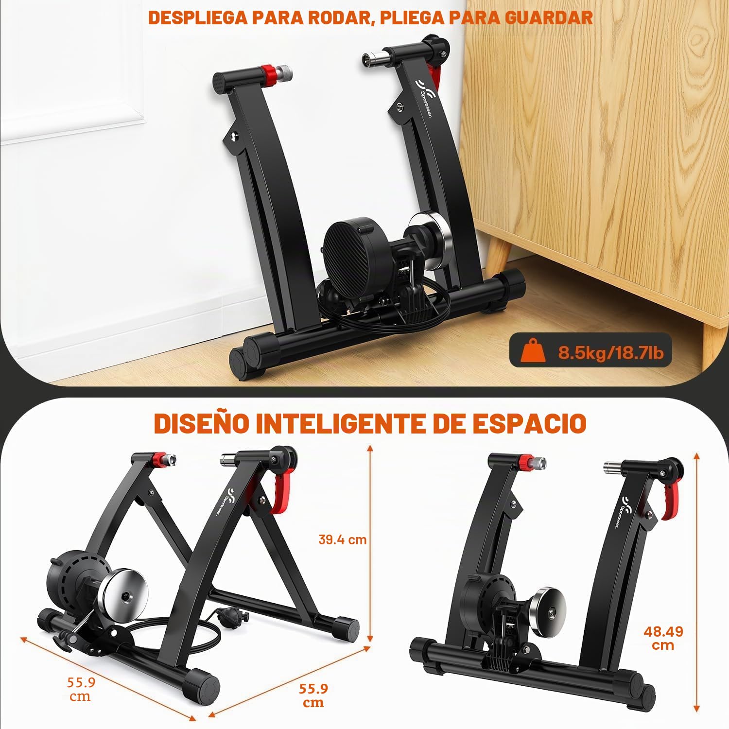Sportneer Turbo Trainer - Entrenador de Bicicleta con 6 ajustes de Resistencia para Interior, Soporte magnético de Acero para Ejercicio de Bicicleta con Rueda de reducción de Ruido para Entrenador de