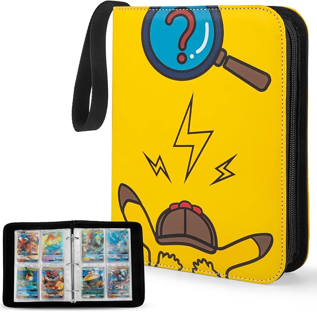 YINKE Case Binder Holder Compatible with Pokemon Card,Game Cards, PM TCG Card, Holds Up to 400 Cards with 50 Premium 4-Pocket Page, Hard Organizer Carry Cover (Pikachu Magnifier-yellow)