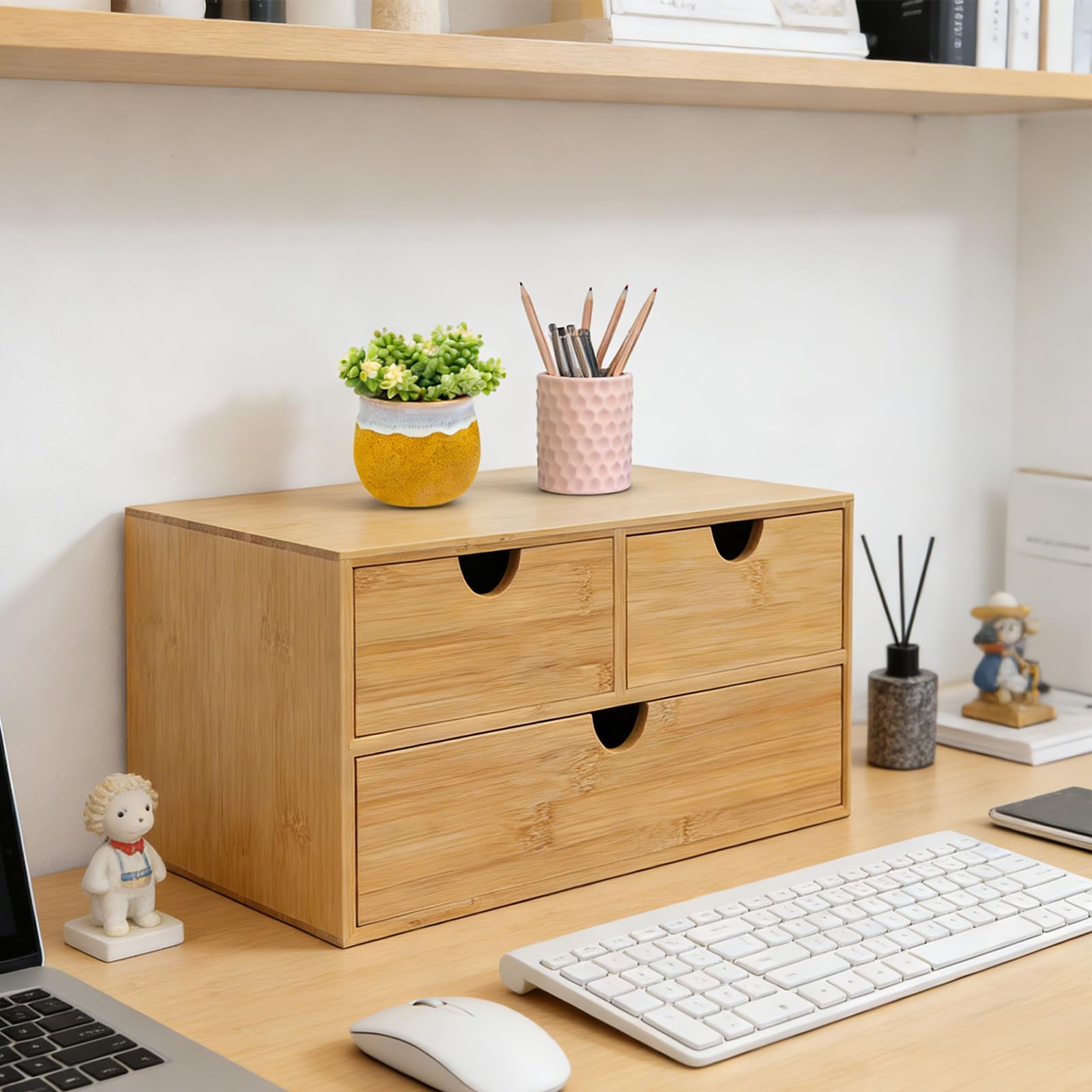 3 cassetti Organizzatore da scrivania in bambù, documenti forniture | bambù naturale, 3 cassetti (2 alti + 1 inferiore), scomparti A4, 33 x 19 x 16 cm, pronto all'uso, per ufficio e casa