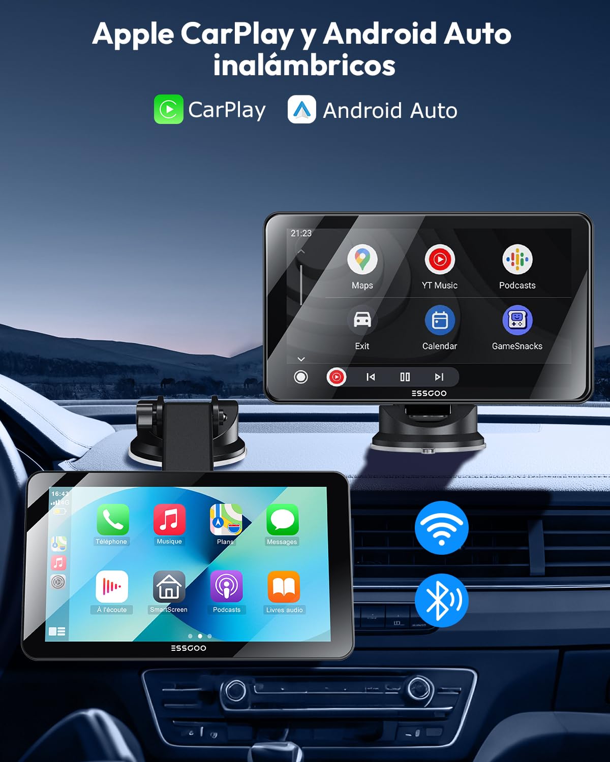 ESSGOO 7 Pulgadas Pantalla Carplay Coche Android Auto con Cámara de Reversa