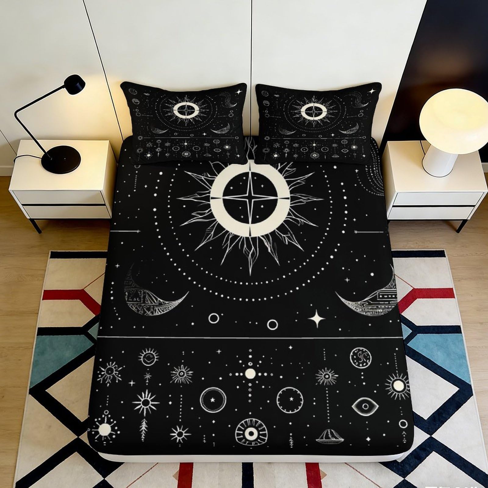 3D Printed Celestial Sun Moon Fitted Sheet Microfiber Soft Breathable Cosmic Starry Sky Mattress Cover for Bedroom Dormitory Guest Room Protection Decor 140x200x25cm