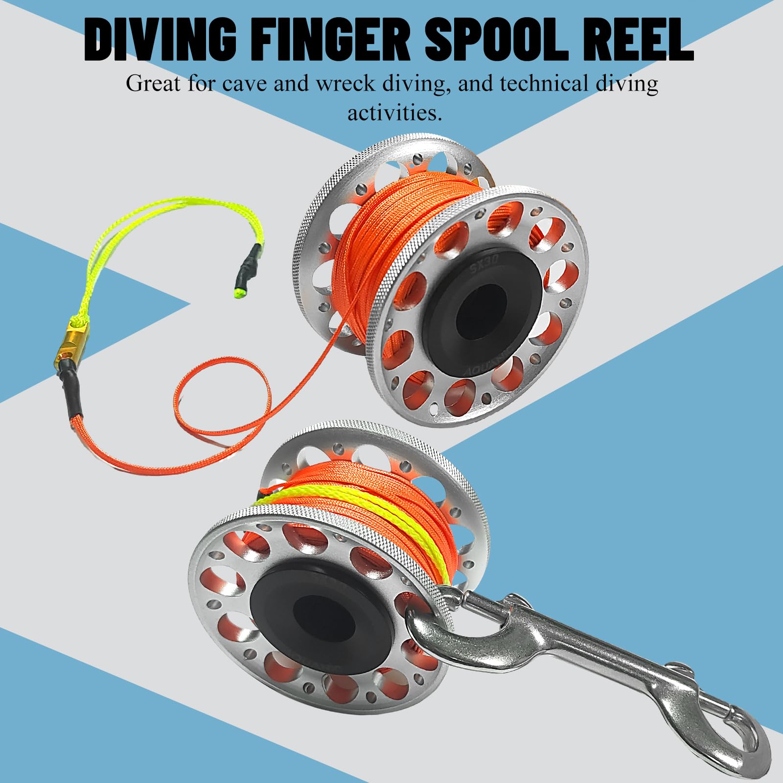nitescuba Scuba Diving Reel 99FT Finger Reel with Dive Double-Ended Bolt Snap Clip Aluminum Scuba Dive Finger Spool Reel for Snorkeling Diving Fishing (SILVER) - Image 2