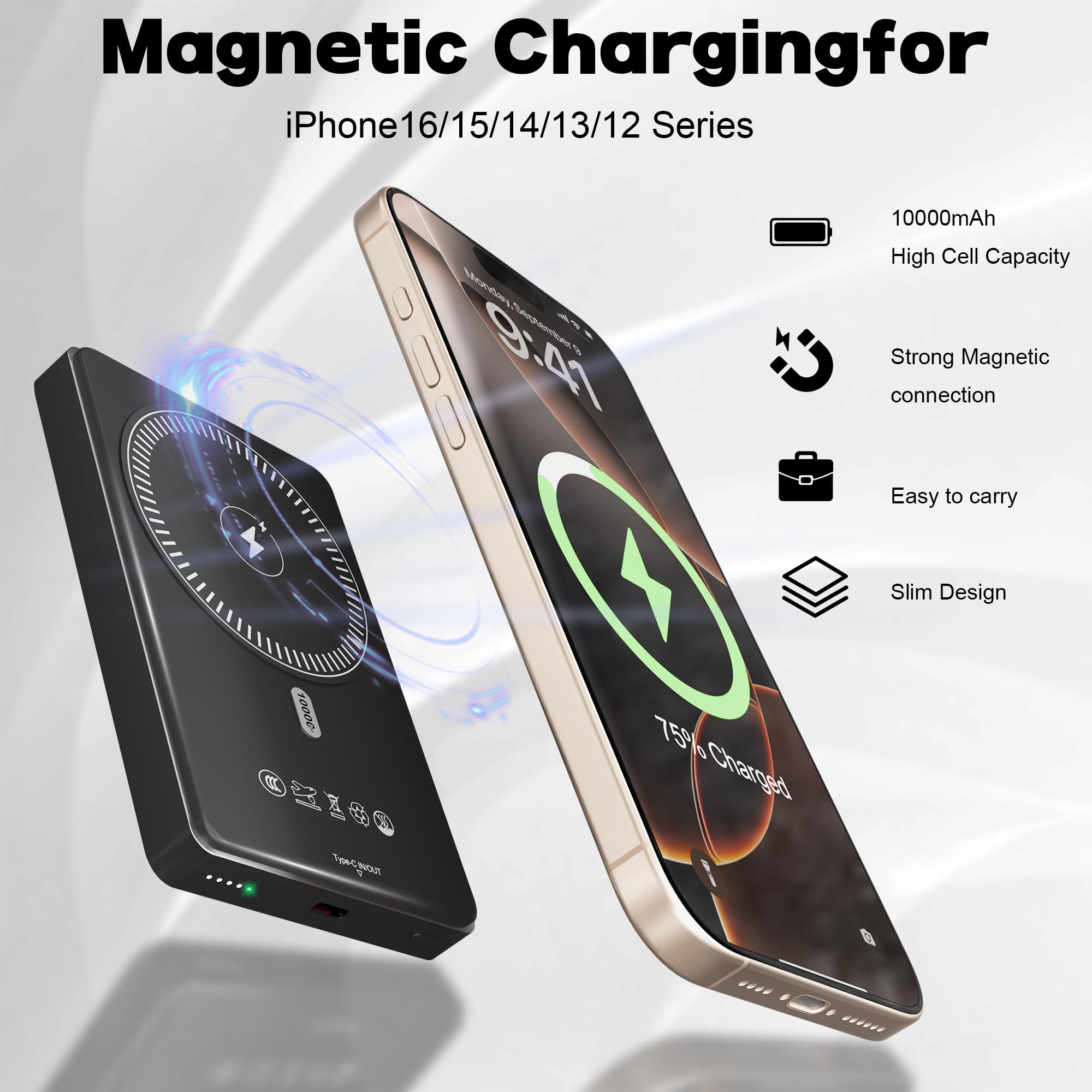 EDRF for Magsafe Portable Charger-10000mAh Wireless Power Bank with USB-C Cable, Magsafe Battery Pack for iPhone 16/15/14/13/12 Series