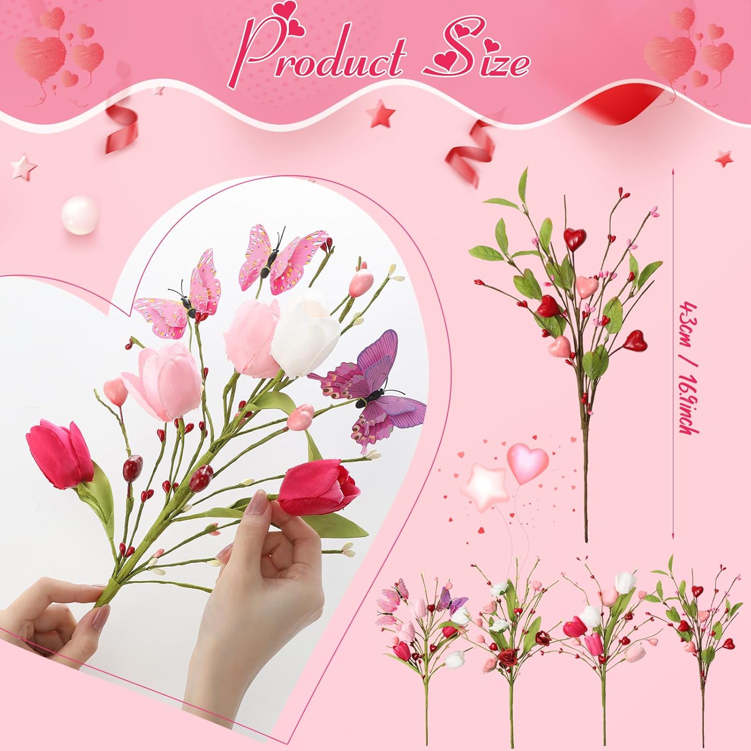 Norme 12 Pack Mother's Day Artificial Flower Decor, Tulips & Roses Bouquets with Butterfly Heart Berry Stems, Pink Red White Floral Picks Arrangement for Mom Gift Wedding Table Centerpiece Decor