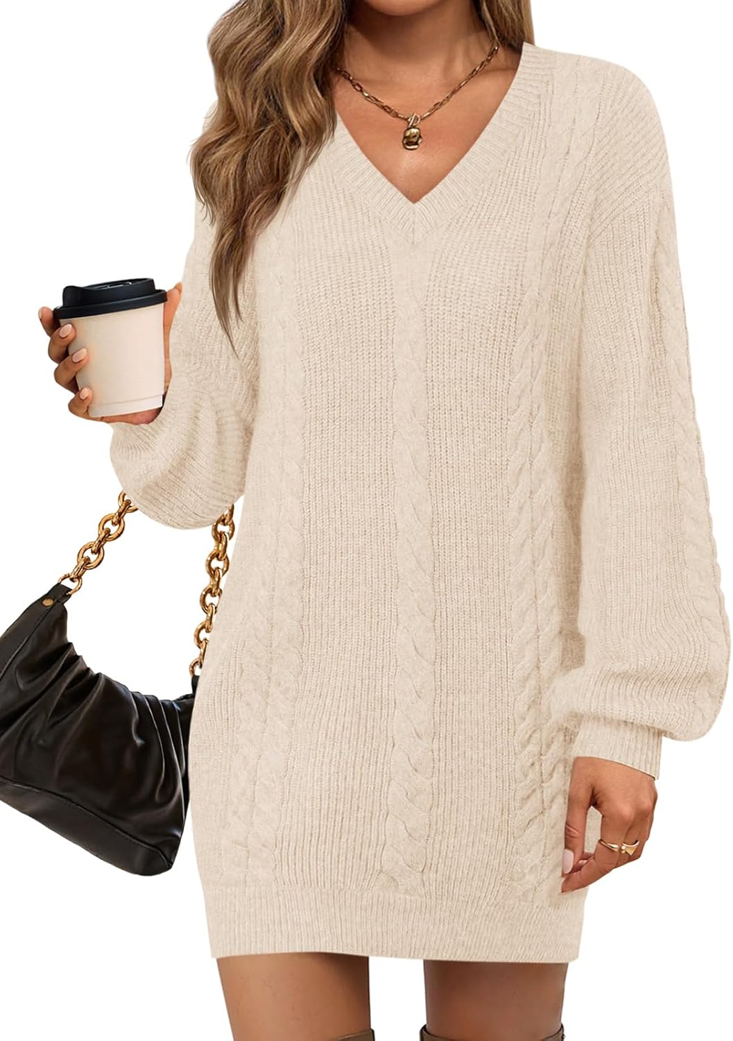 Saodimallsu Womens Oversized Mini Sweater Dress Casual V Neck Cable Knit Long Lantern Sleeve Fall Tunic Pullover Sweaters