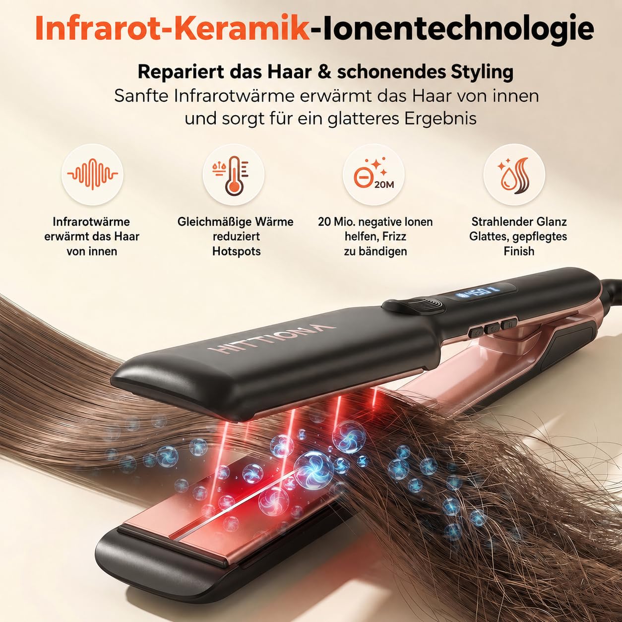 HITTIONA 1.75“ Professionelles Keramik Breit Glätteisen Ionen-Haarglätter - Schnelles Styling Reduziert Frizz & Statik mit Individuelle Regelung (150℃-230°C), Dual-Spannung für Langes Dickes