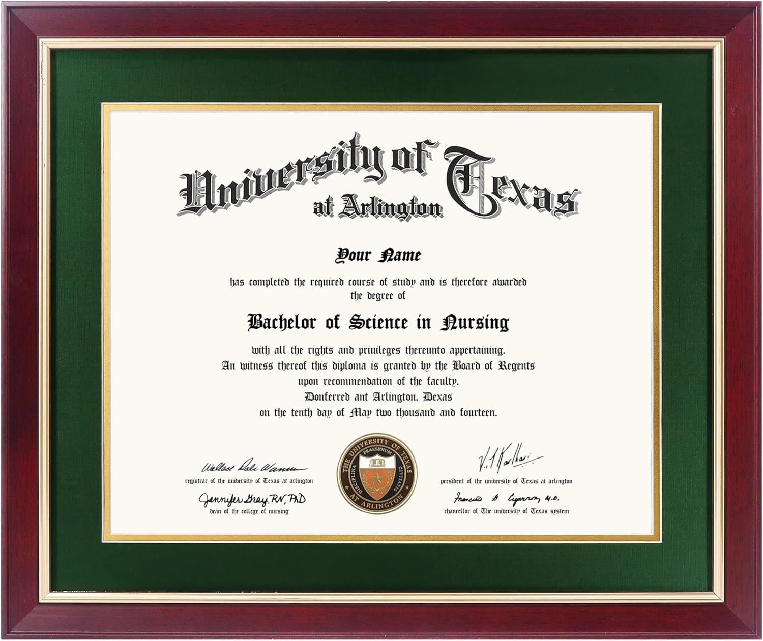 GMFrames 11x14 Wood Diploma Frame with Green Mat or Display 14x17 Certificates without Mat,UV Protection Acrylic,Cherry Finish with Gold Trim Cherry / Green Gold Mat 14x17 or 11x14 with Mat