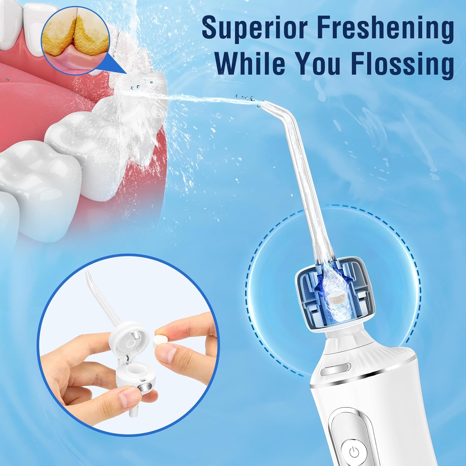 Close-up of an H2ofloss water flosser nozzle with a tablet inserted, demonstrating superior freshening during flossing.