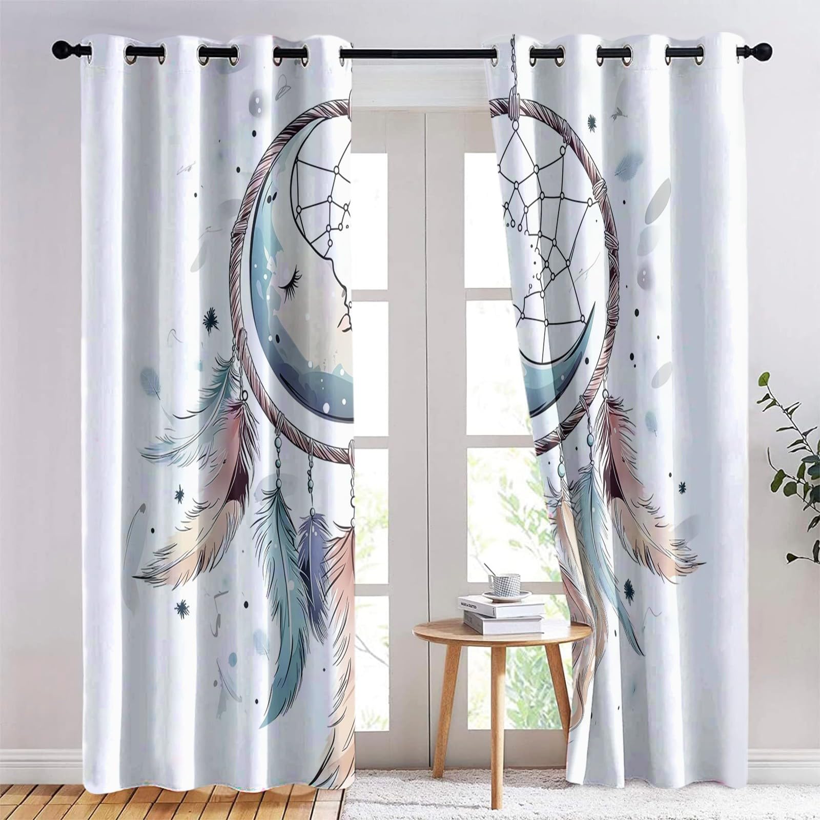Para zasłony zaciemniające łapacz snów pióro księżyc miękka zasłona termiczna niebieska izolacja do salonu, sypialni i wnętrza 140 x 220 cm (3 panele)