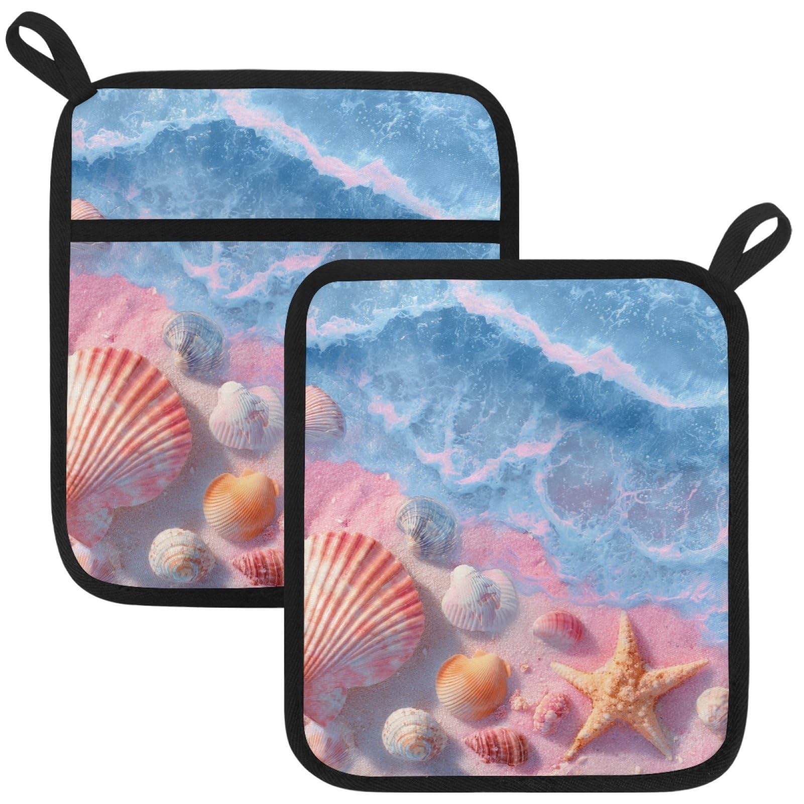 VAPOKF Starfish Shells Heat Resistant Pot Holders, Thick Pot Holders Pad with Hanging Loop for Kitchen, Oven Cloth Pads for Kitchen Baking Microwave Oven