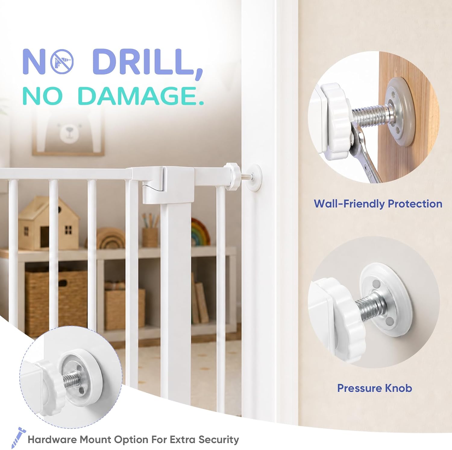Sekey Baby Gate for Stairs, 30-46" No Drill Auto Close Dog Gate Indoor, Pressure Mounted Easy Walk Through Safety Pet Gate, Flat Bottom Bar, White