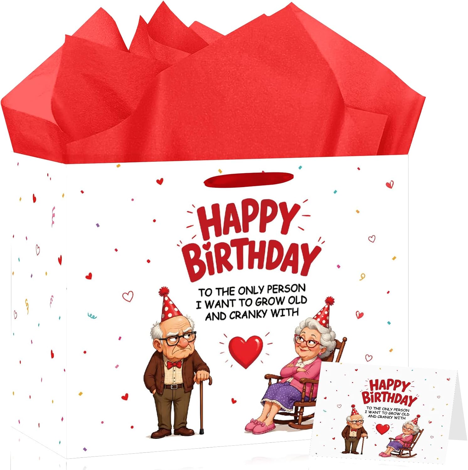 Funny Birthday Gift Bag for Husband, Happy Birthday Grow Old with You Gift Bag for Wife, Romantic Couples Birthday Bag with Tissue Paper and Card, Cute Husband Birthday Bag, Wife Birthday Gift Bag