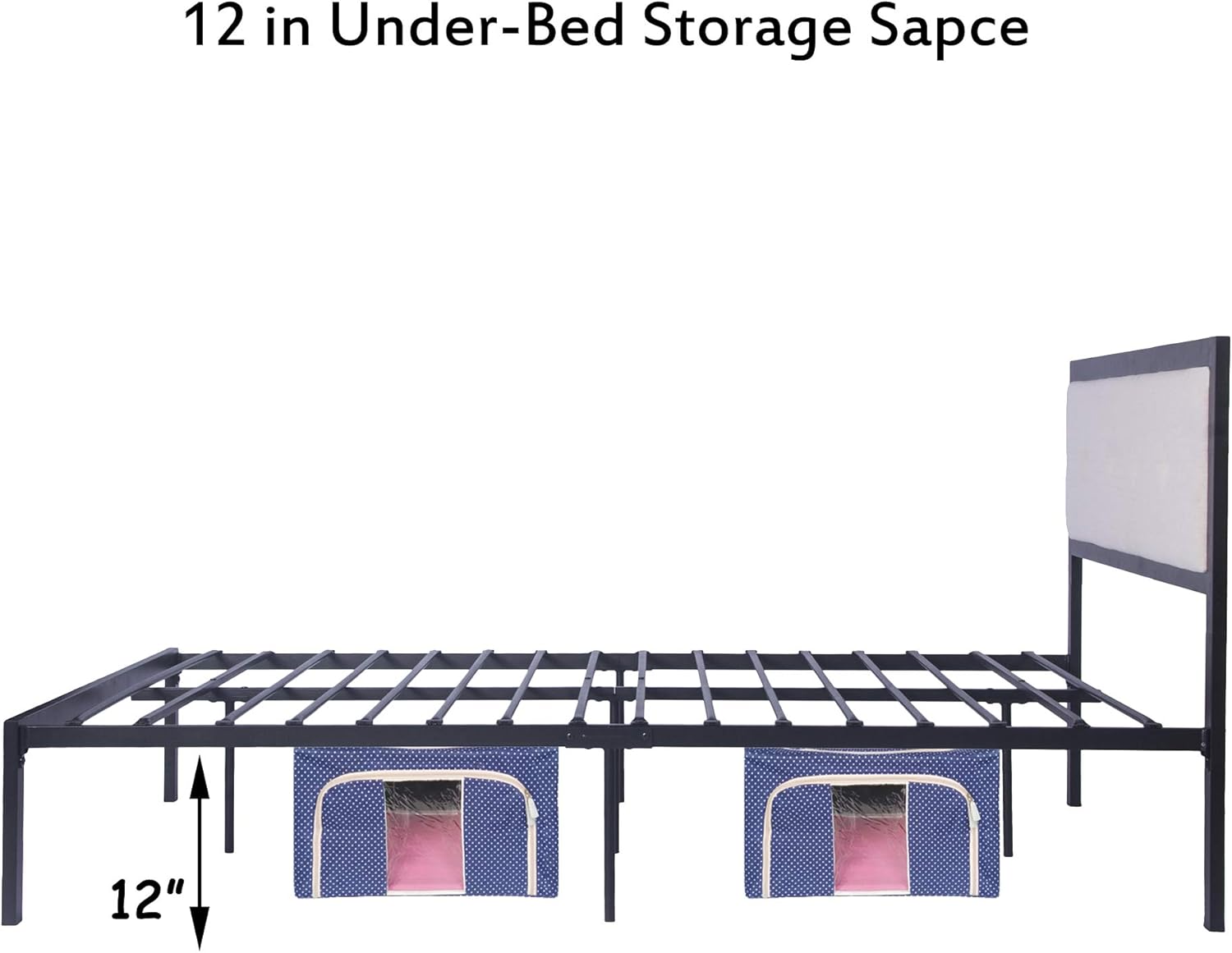 LUCKYERMORE Full Size Bed Frame with White Headboard, Heavy Duty Metal Platform Bed Frame, 12 Inch Under Bed Storage, Sturdy Steel Slat Support, Mattress Support, No Box Spring Needed, Black