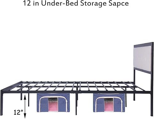 Miniatura 5 de LUCKYERMORE Base de cama de plataforma Queen de 12 pulgadas con cabecera beige, marco de cama de metal resistente con almacenamiento debajo de la