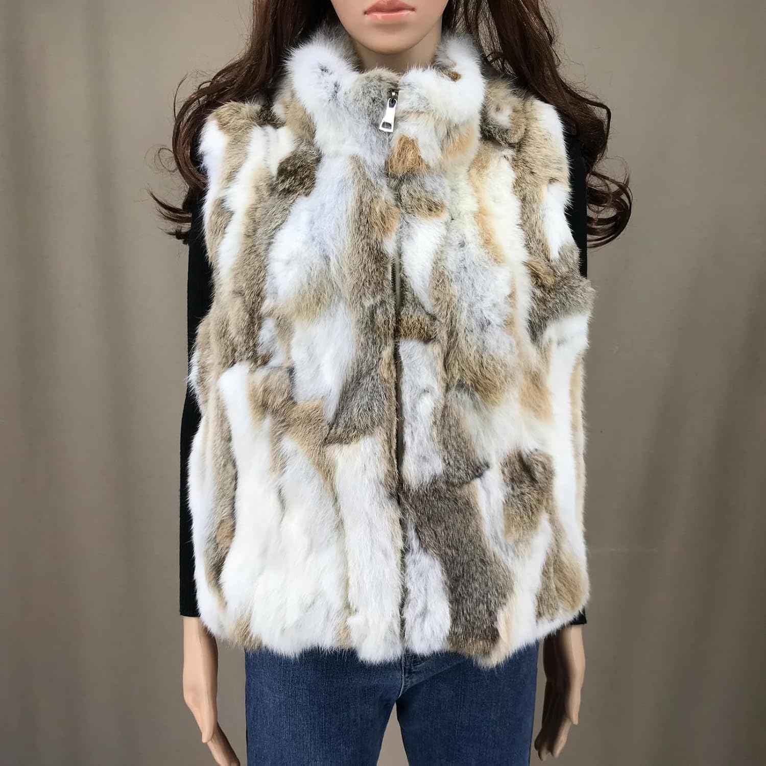 LVCOMEFF Women Real Rabbit Fur Vest Furry High Collar Sleeveless Outwear Top Winter
