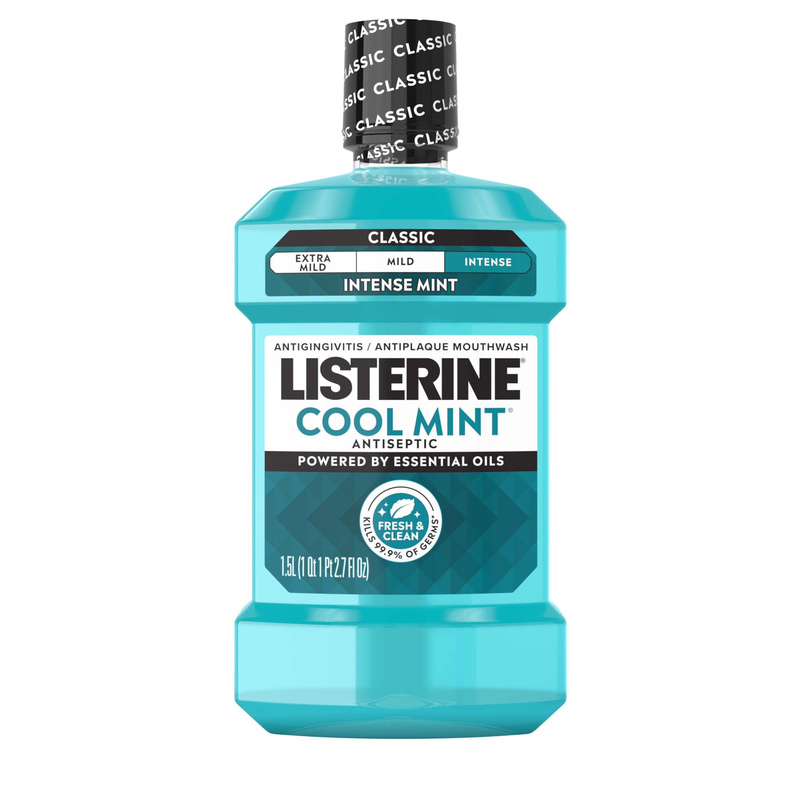 Cool Mint Antiseptic Mouthwash, Daily Oral Rinse Kills 99% of Germs that Cause Bad Breath, Plaque and Gingivitis for a Fresher, Cleaner Mouth, Cool Mint Flavor, 1.5 L