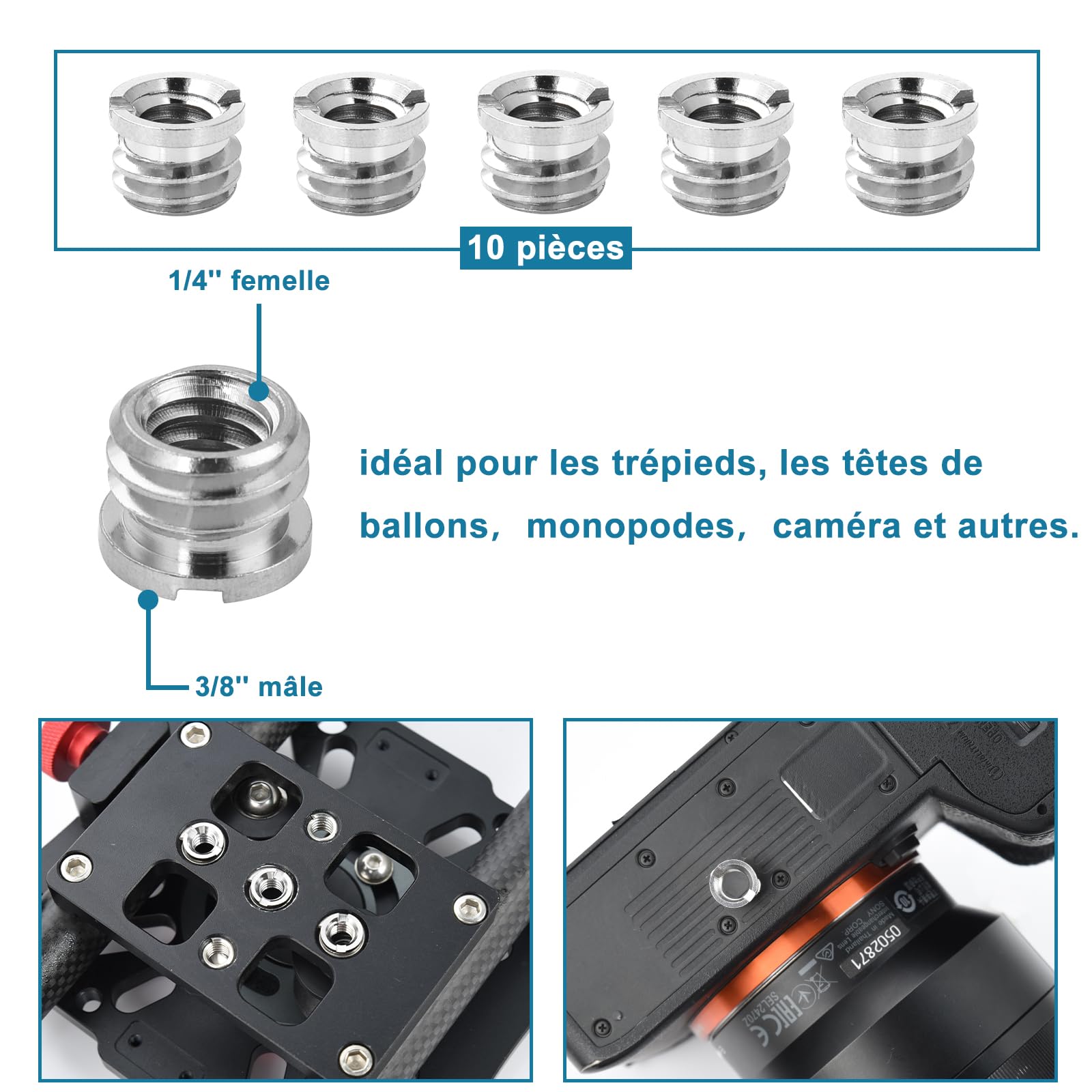 UTEBIT 22 PCS Vis Adaptateur Caméra 1/4" à 3/8" Adaptateur de Vis pour Trépied, Appareil Photo, Accessoires Trépieds et Monopods, Rotule, Flash, Plaque de Fixation Rapide