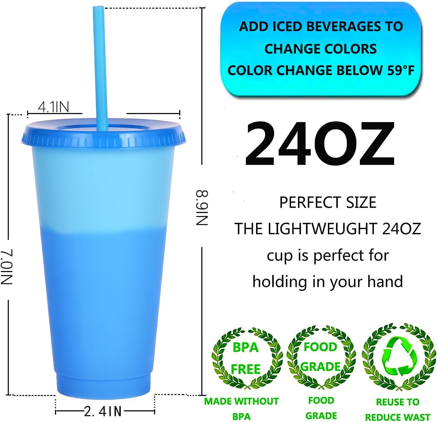 Color Changing Cups, 5 Pack 24oz Plastic Tumblers, Reusable Iced Coffee & Smoothie Cups with Lids and Straws for Parties and Travel (5 Change, 5 Packs)