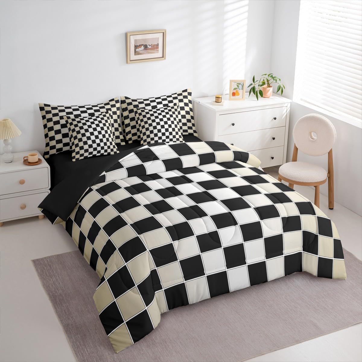 Erosebridal Black Checkered Queen Bed in A Bag 7 Piece Beige Greyish White Ombre Comforter Set with Sheets Buffalo Plaid Grid Bedding Sets for Kids Adults,Aesthetic Gingham Bed Set