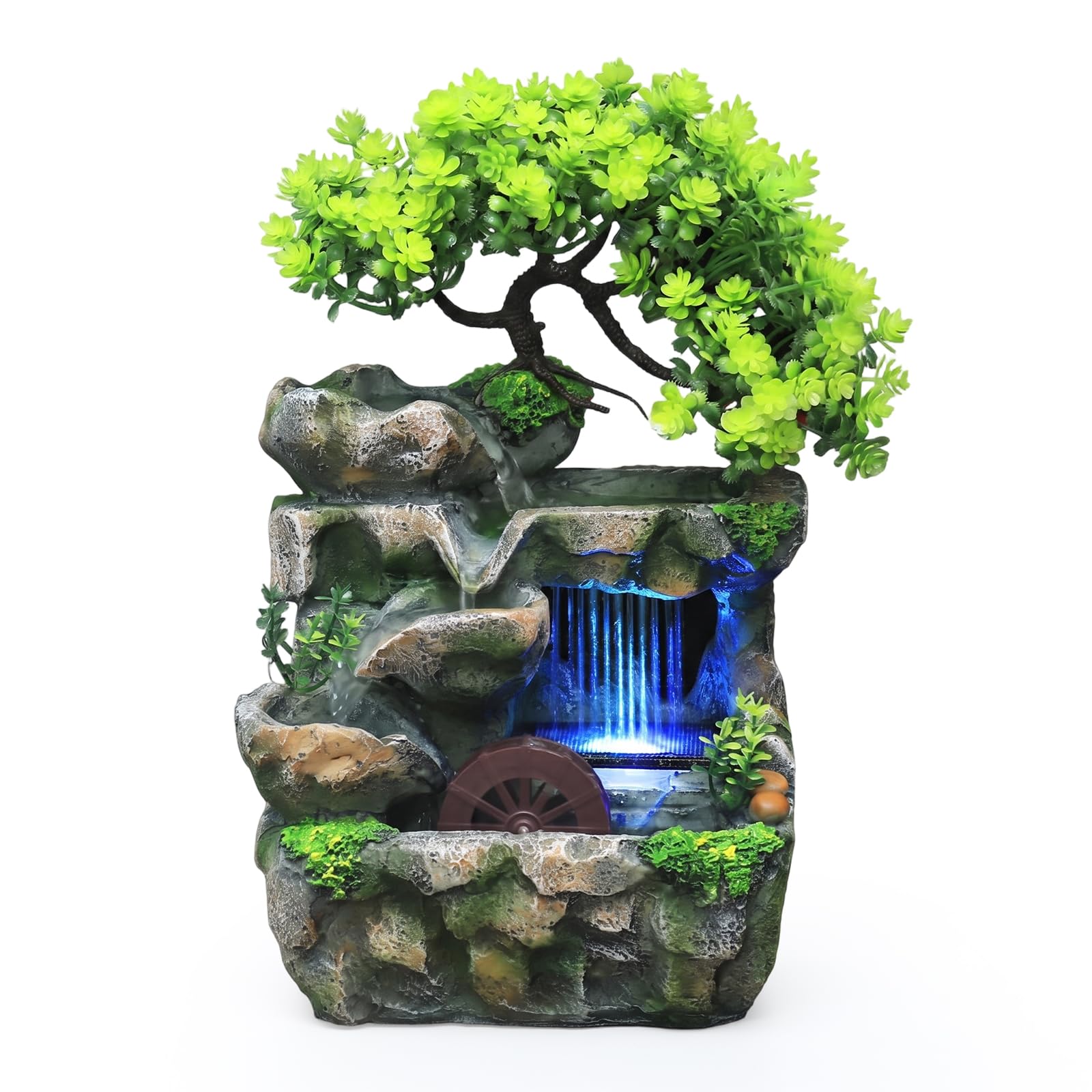 Fontana da interni con illuminazione a LED che cambia colore, fontana da tavolo a cascata con ruota Feng Shui e piante, silenziosa, per soggiorno, camera da letto, ufficio, umidificatore decorativo