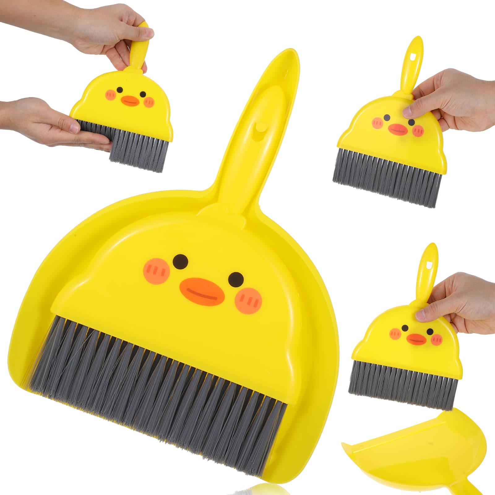 TIESOME Mini zestaw miotły i szufelki, śliczna zmiotka ręczna i szufelka, szczotka stołowa, mini blacha, przenośna szufelka, zestaw do domu, biura, szkoły, na kemping (żółty)