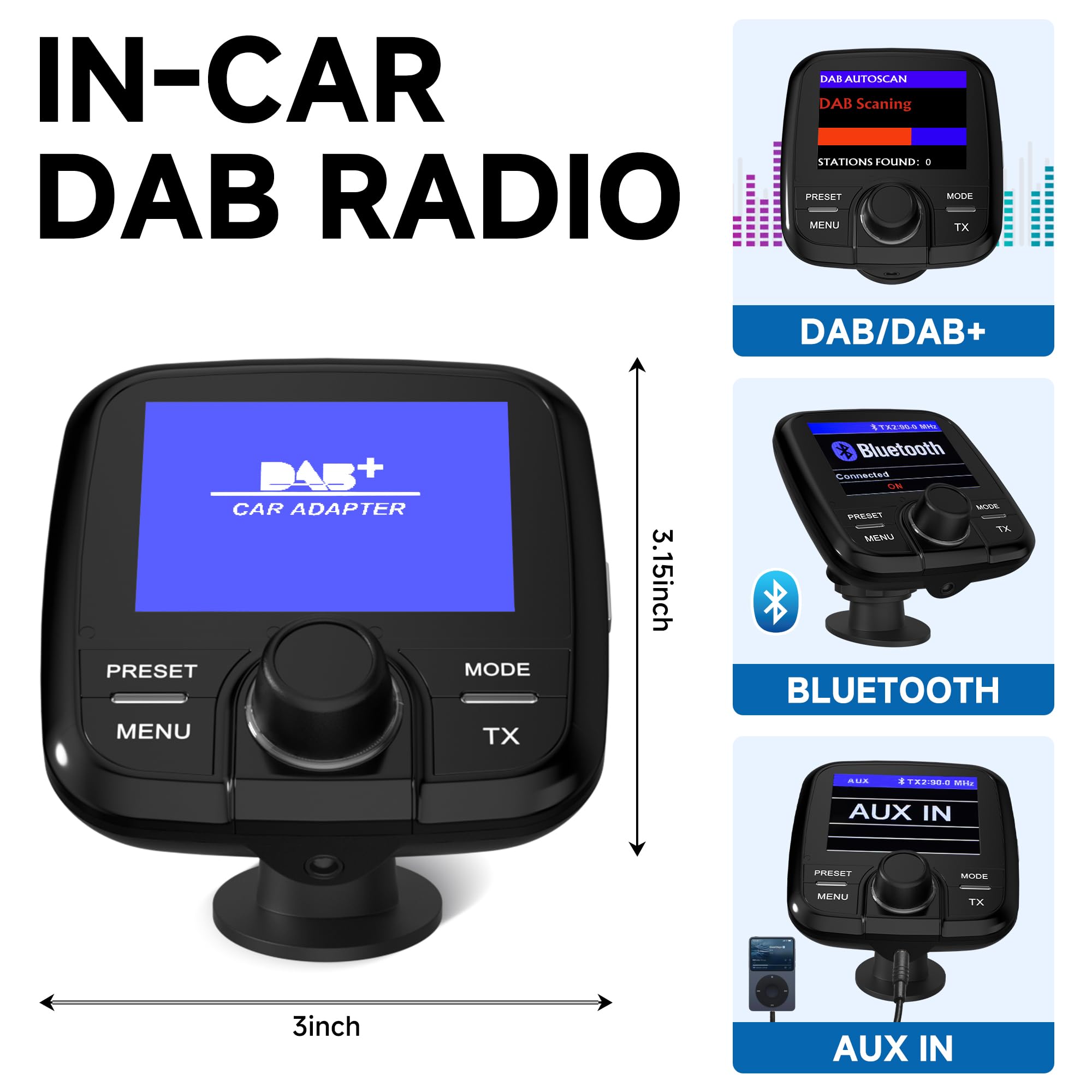 Tin-Nik DAB-389N DAB Adapter für Autoradio, FM-Transmitter für DAB+ Sender und Bluetooth-Verbindung vom Smartphone zum UKW-Radio, Bluetooth- Freisprechen und Musik