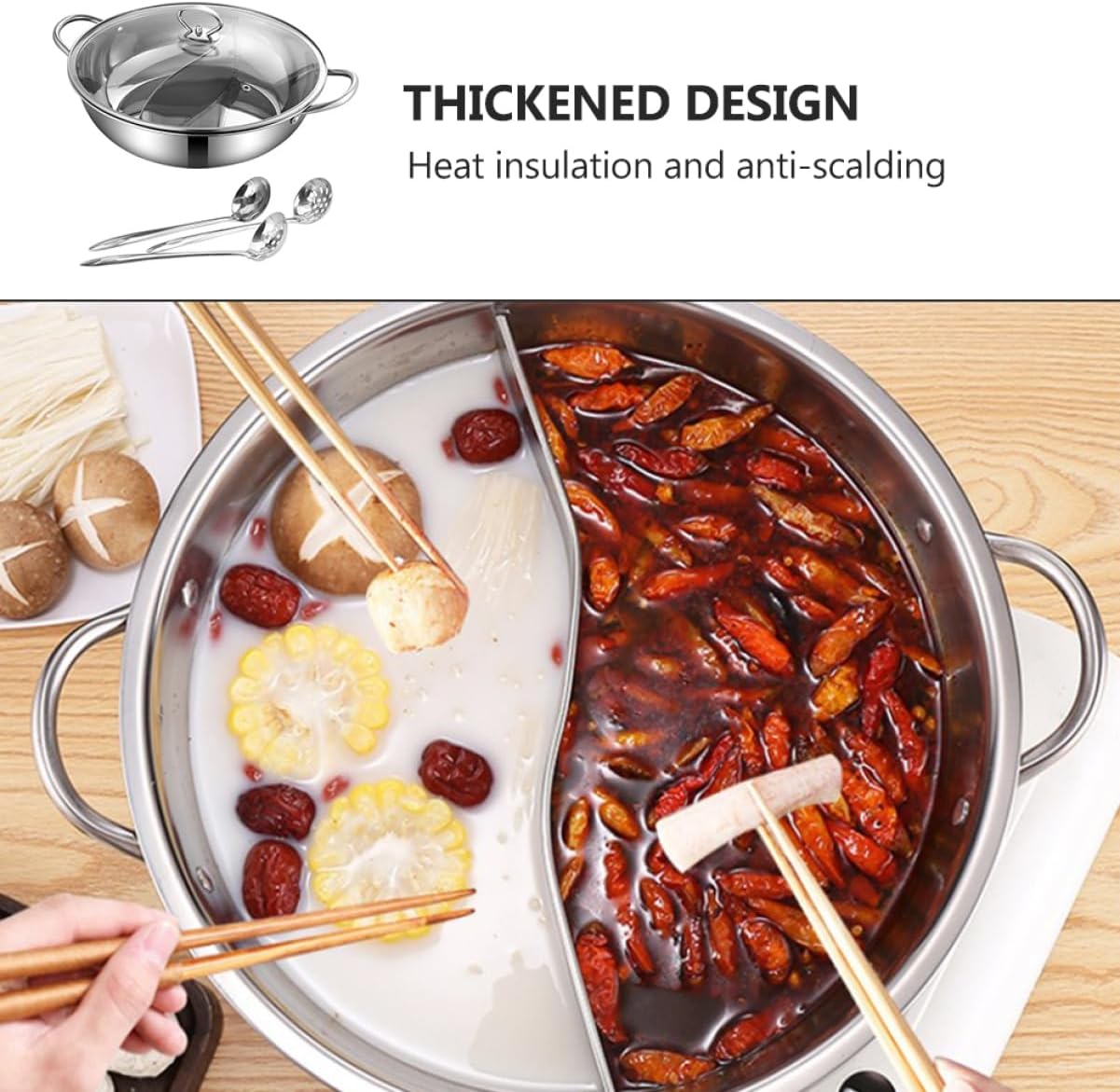 Alipis Two-Flavor Hot Pot Set Stainless Steel Multi-Purpose Cooking Pot with Ladle for Home and Restaurant Use for Soup and Shared Dining
