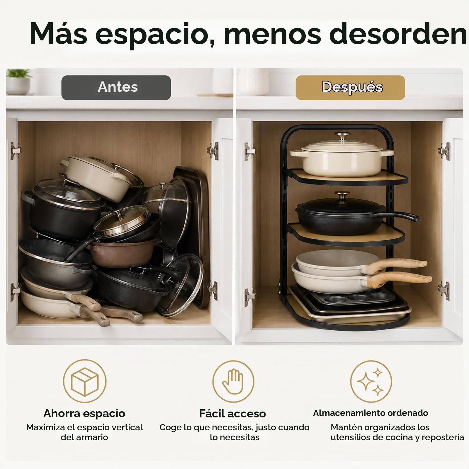Organizador de sartenes para cocina, estante de cocina, sartén de cocina, estante de almacenamiento escalonado, estante de almacenamiento de 3 niveles ajustable para armario