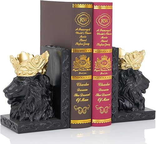 Sujetalibros decorativos de estatua de león (juego de 2) escultura de león corona para regalo de Leo, sujetalibros resistentes, extremos