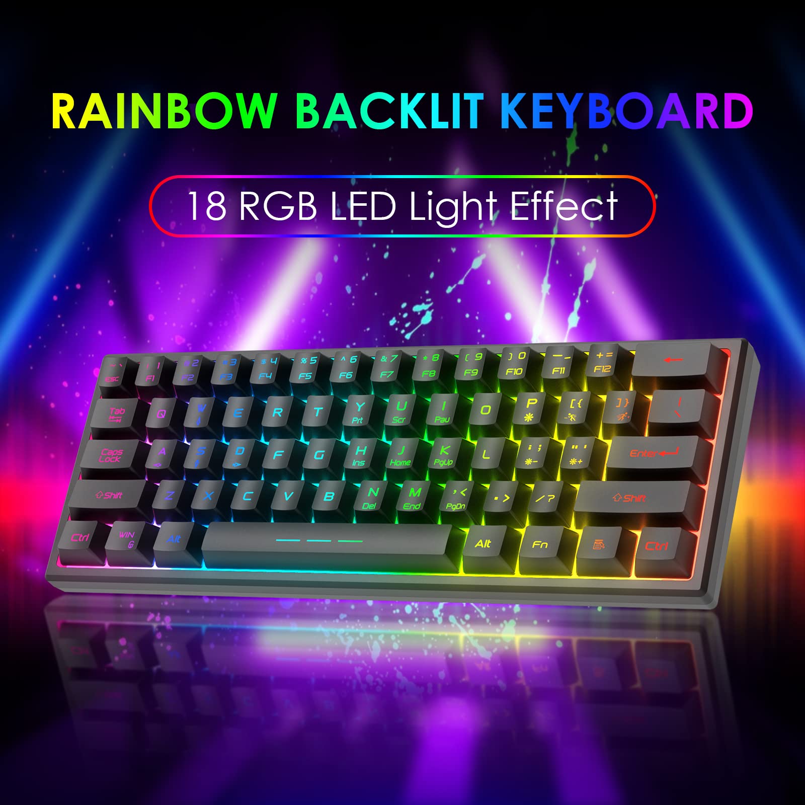 60% Kabellos Gaming Tastatur und Maus Combo Set 2,4 GHz Wiederaufladbare 3800 mAh Leise 61 Tasten Kompakttastatur mit Rainbow LED Hintergrundbeleuchtung + 2400 DPI 6 Tasten Rainbow LED Maus(Schwarz)