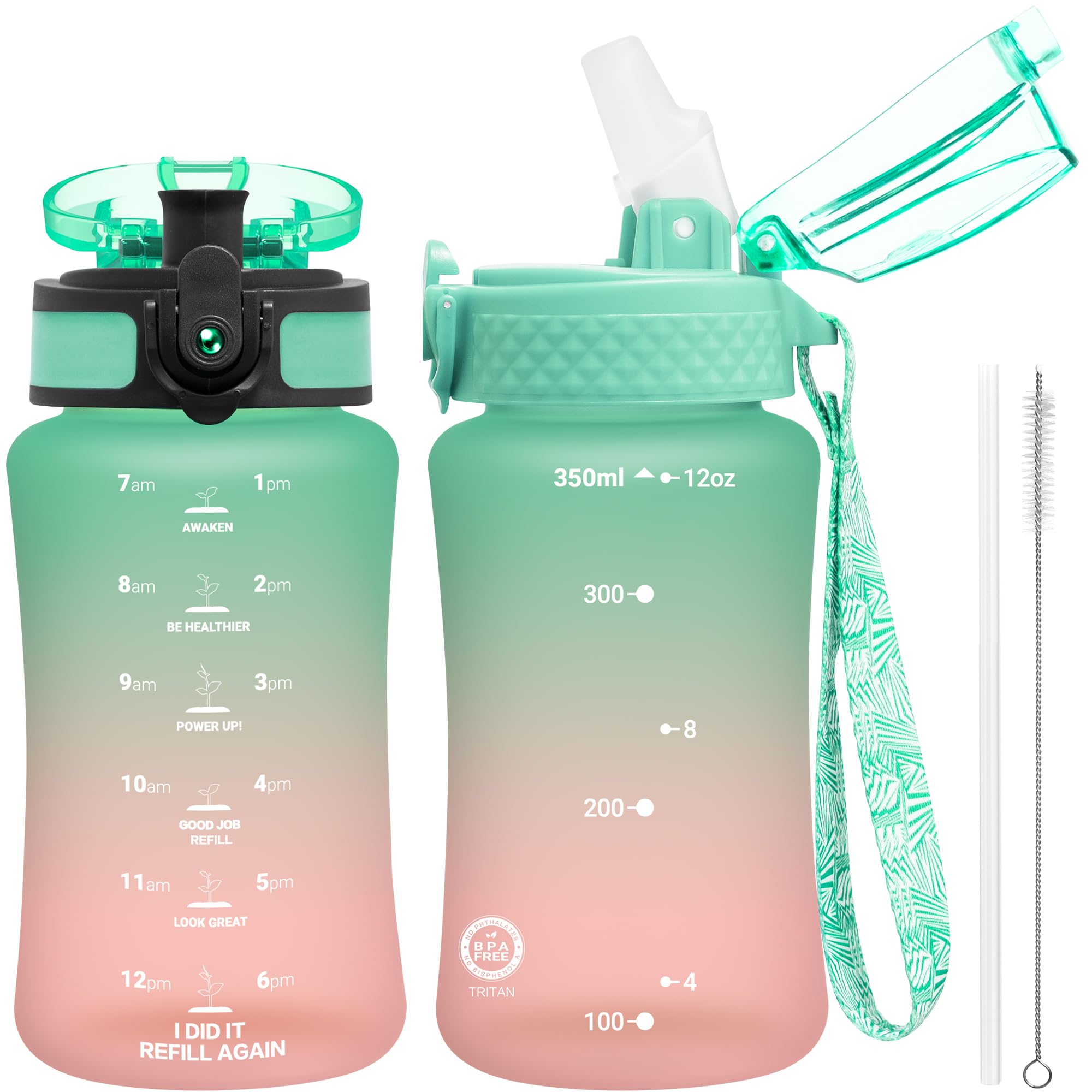 OLDLEY Kids Water Bottle for School 12 oz 2 lids BPA-Free Reusable Leak-proof Durable Tritan Plastic Water Bottles